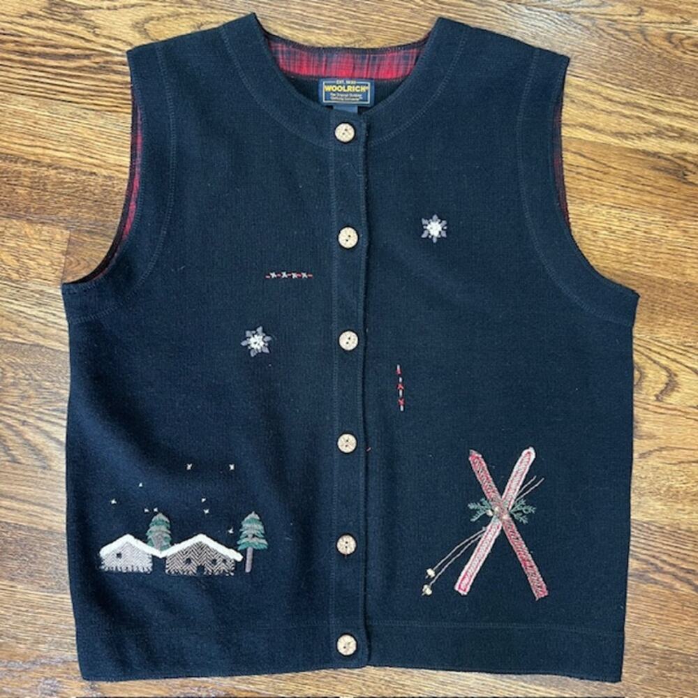 VTG 90s Woolrich Winter Scene Vest Womens L Black Cottage Primitive Barn Snow